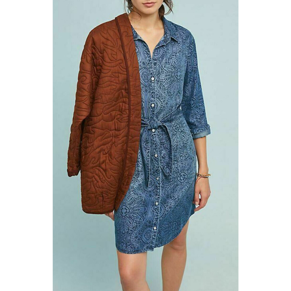 Cloth & Stone x Anthropologie Chambray Printed Button Belted Shirt Dress Small - Picture 5 of 16